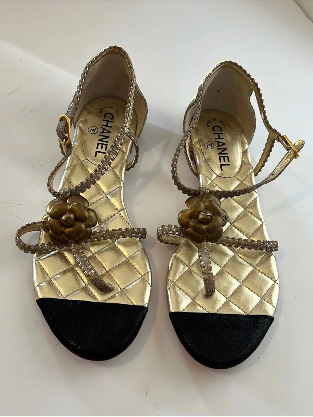 Chanel Gold Quilted CC Camelia Sandals